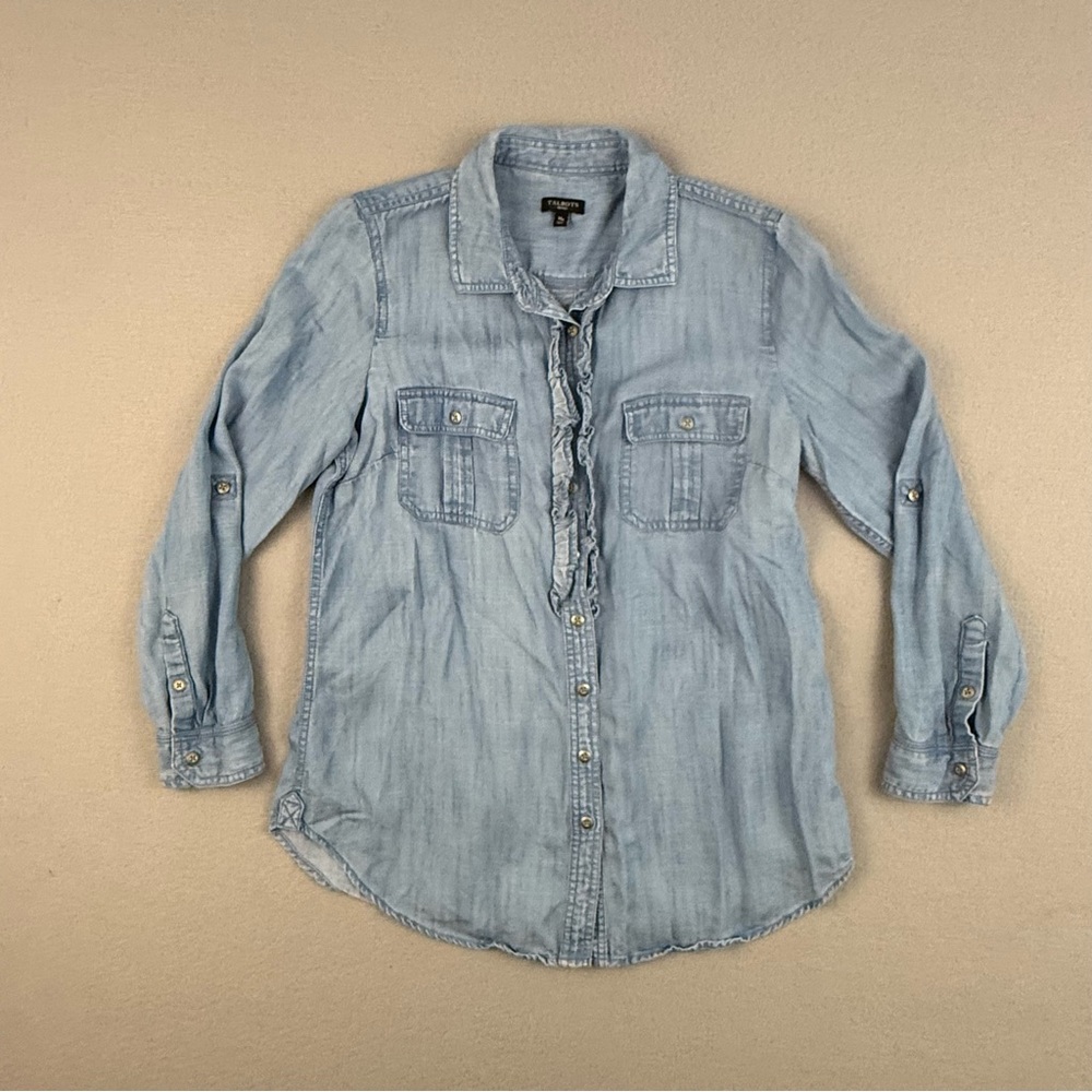 Talbots‎ Shirt Women's Medium Petite Chambray Long Sleeve Button Down Blue
